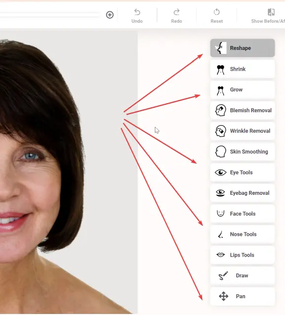 FaceTouchUp plastic surgery simulation toolbar overview