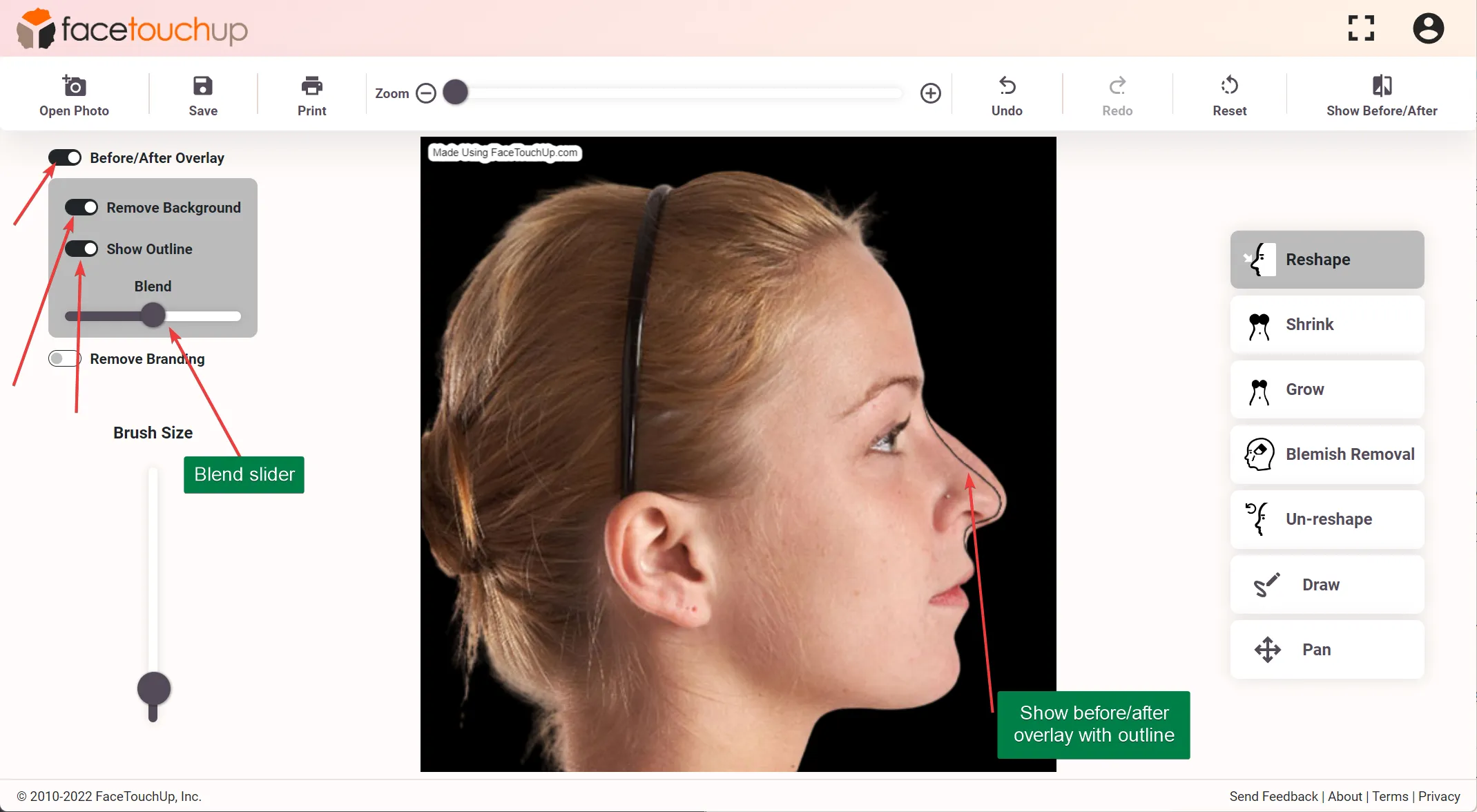FaceTouchUp rhinoplasty simulator - Step 4: Adjust the nasal tip shape